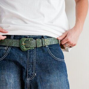 y2k green western floral belt — american boho style